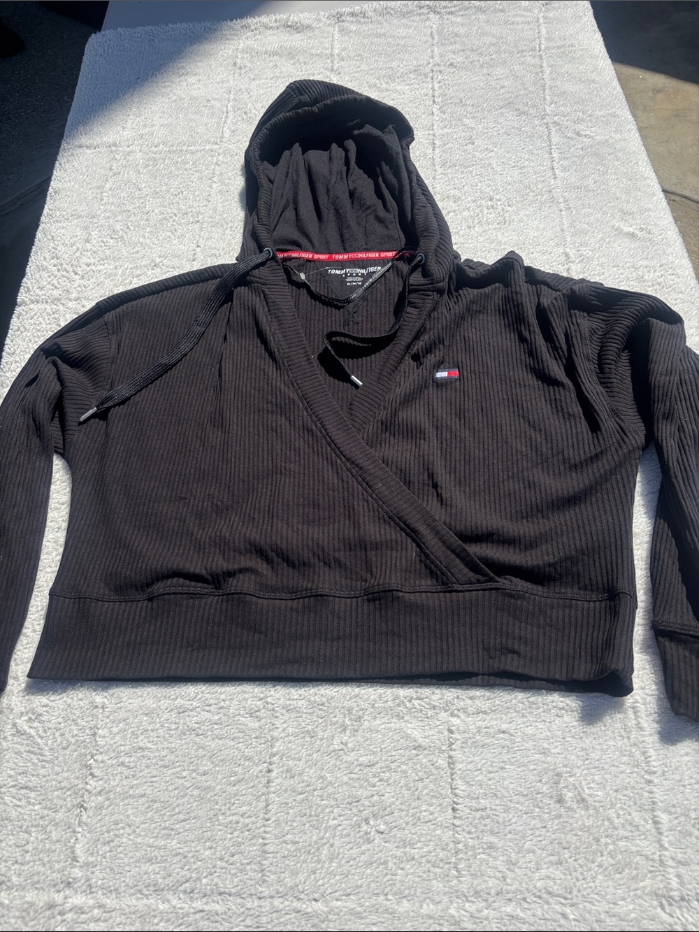 Tommy Hilfiger Black Ribbed Wrap Hoodie V-Neck Sweater